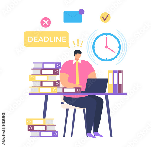 Freelancer male character sitting workplace, deadline work process, professional man help time management isolated on white, flat vector illustration. Overtime activity, night shift.