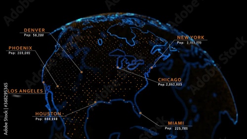 US Population 2020 census. 4k 3D Holographic earth featuring major cities in the US with population data plotted. 2020 census bureau data