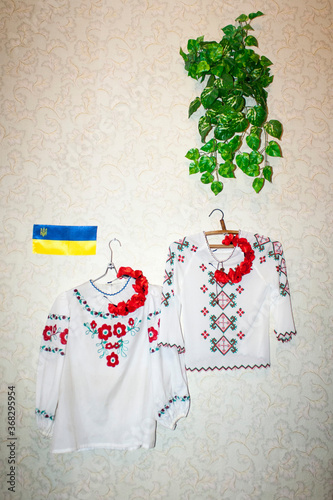 Ukrainian national dress and Ukrainian flag