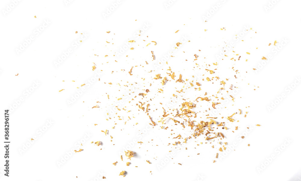 Tobacco golden pile isolated on white background, top view