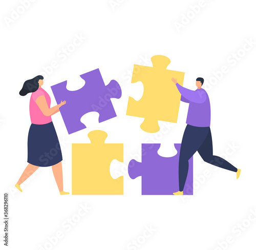 Teamwork collaboration, male female character hold business puzzle, time industry company management isolated on white, flat vector illustration. Group office worker running, build firm project.