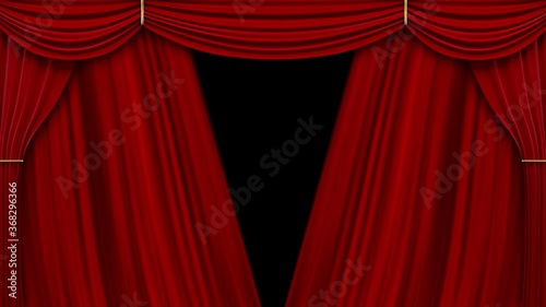 Theater red curtains. 4k 3D animation of a theater stage with opening red curtains