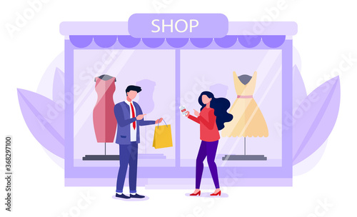 Shopping concept with young couple standing in front of a closing store. Woman is holding a mobile phone with a photo of a yellow dress and men is holding a pack with purchases. Vector illustration.
