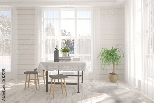 White dinner room with winter landscape in window. Scandinavian interior design. 3D illustration © AntonSh