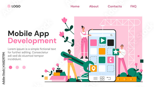 Web page template for Mobile app development by a team of coders or programmers working on a smartphone screen with copyspace for text  colored vector illustration