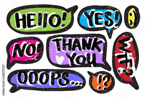 Vector speech bubbles doodle style. Hand drawn call outs with various words. Marker drawm messages and exclamations.