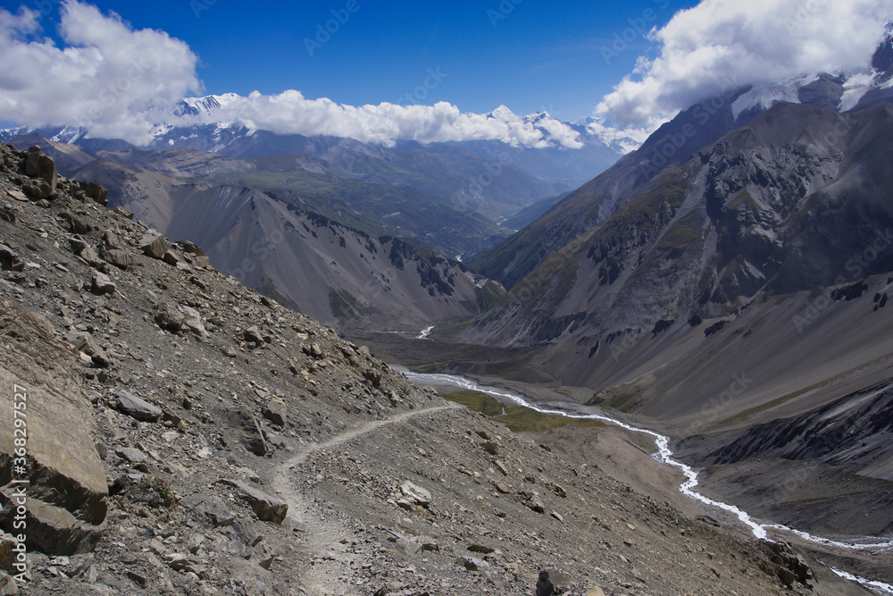 Khangsar Valley photographed from the trail to Tilicho Base Camp. Side trek from Annapurna circuit in Nepal. Himalaya. 