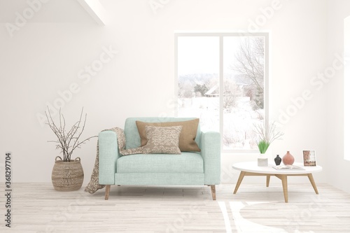 White room with armchair and winter landscape in window. Scandinavian interior design. 3D illustration