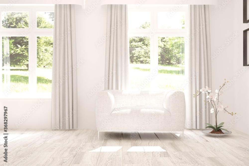 Fototapeta premium Idea of white room with armchair and summer landscape in window. Scandinavian interior design. 3D illustration