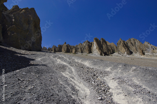 Trail to Tilicho Base Camp through dangerous land slide zone. Side trek of Annapurna circuit.