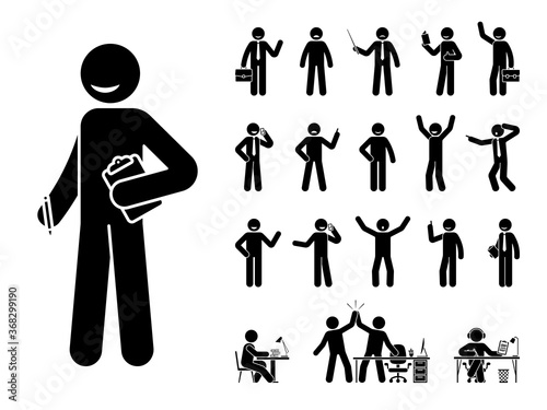 Stick figure business man standing in different poses design vector icon set. Happy, sad, surprised, amazed, angry face. Sitting, celebrating, writing stickman male person on white photo
