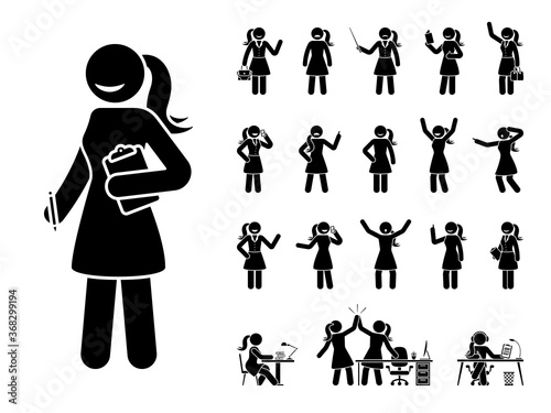 Stick figure business woman standing in different poses design vector icon set. Happy, sad, surprised, amazed, angry face. Sitting, celebrating, writing stickman female person on white
