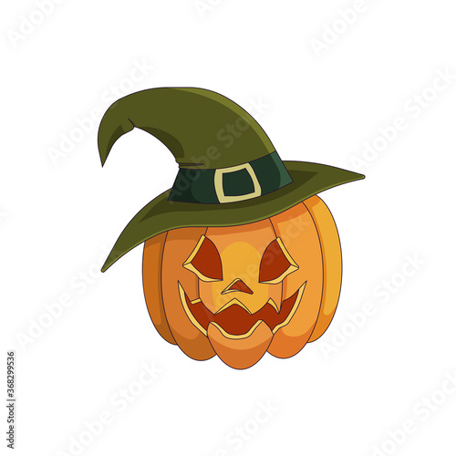 Jack O Lantern in a green whitch hat on white isolated background, vector stock illustration in Cartoon style, concept of Halloween, Symbols, October and Fall, Festival and Holiday, Trick or Treat.