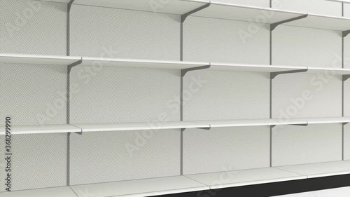 Empty store shelves. 4k 3D animation of empty shelves in grocery stores