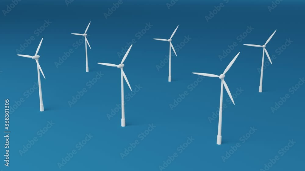 Wind turbines. 4k 3D animation of wind turbines on a blue background, Renewable energy concept Wind turbines. 4k 3D animation of wind turbines on a blue background, Renewable energy concept