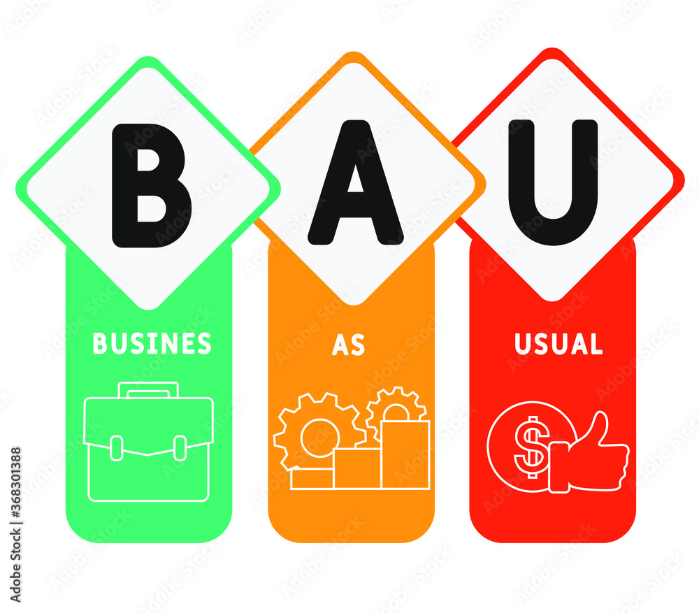 BAU - Business as Usual. business concept background. vector illustration concept with keywords and icons. lettering illustration with icons for web banner, flyer, landing page, presentation BAU - Business as Usual. business concept background. vector illustration concept with keywords and icons. lettering illustration with icons for web banner, flyer, landing page, presentation