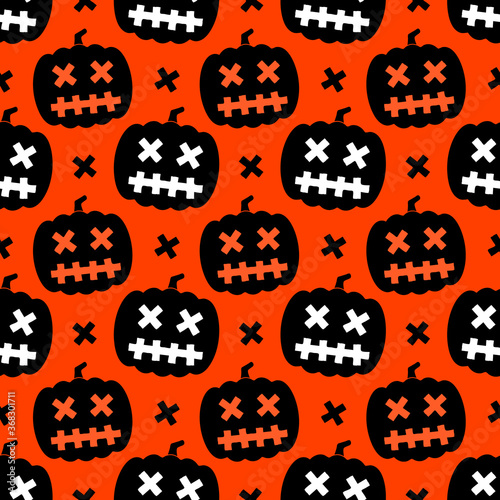 Seamless Halloween background for packaging. Halloween pumpkin with glued eyes and mouth on an orange background. Vector, illustration