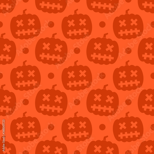 Seamless Halloween background for packaging. pumpkin with glued eyes and mouth on an orange background. Vector, illustration