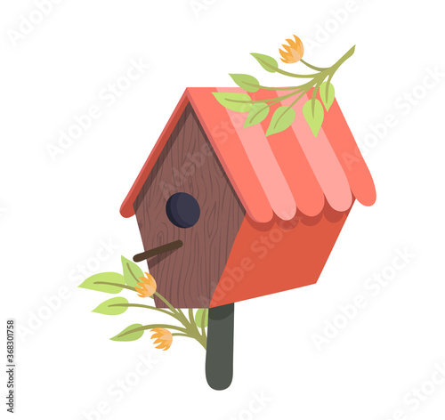 Decorative bird handmade house, home for wildlife character poultry isolated on white, cartoon vector illustration. Cozy blue nesting box, chick flight design outdoor forest birdhouse.