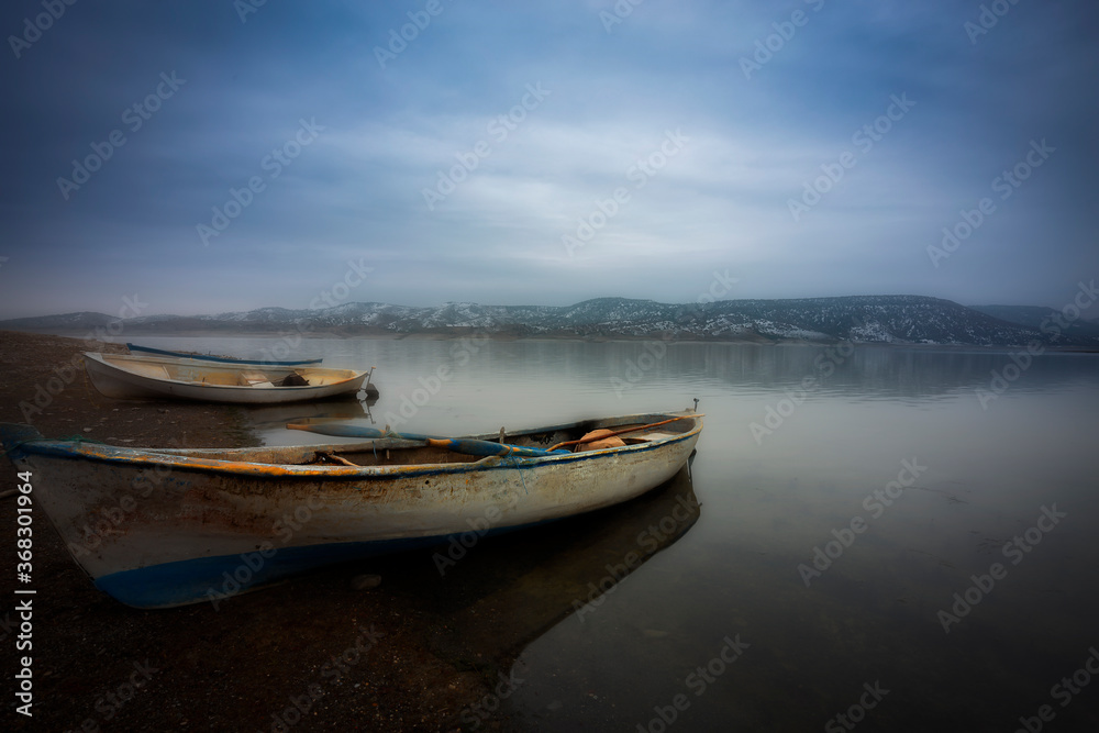 A fishing boat among the reeds. Iznik Lake. Bursa.