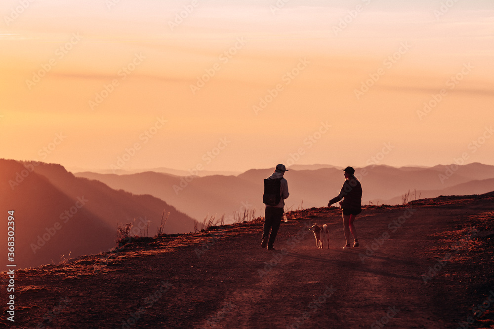 Sochi. Rosa Khutor. A couple in love - a girl and a boy walk with a Siba-inu dog high in the mountains at sunset Sochi. Rosa Khutor. A couple in love - a girl and a boy walk with a Siba-inu dog high in the mountains at sunset