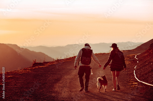 Sochi. Rosa Khutor. A couple in love - a girl and a boy walk with a Siba-inu dog high in the mountains at sunset