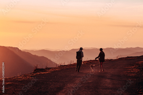 Sochi. Rosa Khutor. A couple in love - a girl and a boy walk with a Siba-inu dog high in the mountains at sunset © Anton