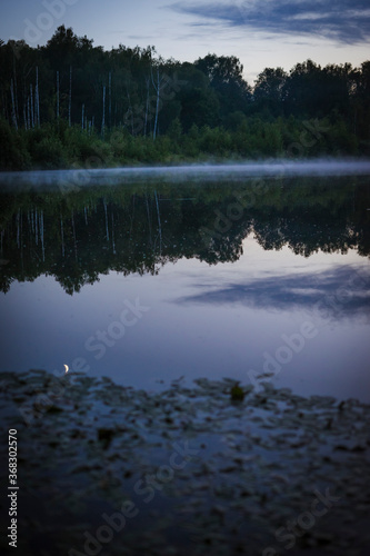 sunset over the lake in forest with fog, reflection of trees in the lake
