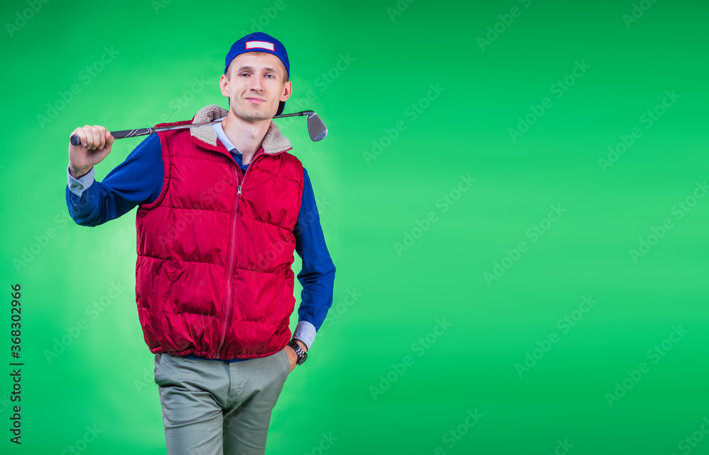 A guy playing golf in sportswear is in a relaxed position, a rectangular image with the ability to add text