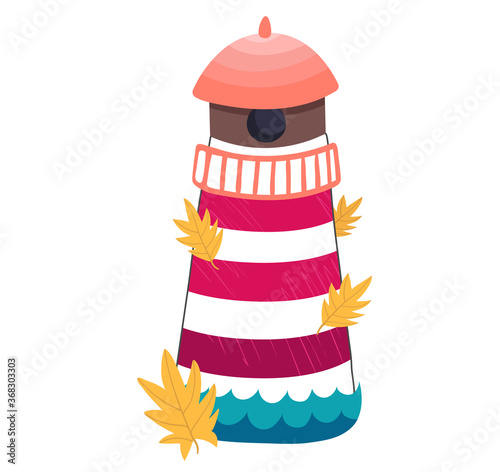 Tropical ocean wave washes lighthouse, bring beacon with tree autumn leaf isolated on white, cartoon vector illustration. Cozy design navigation mark building, coast sea sailing build.
