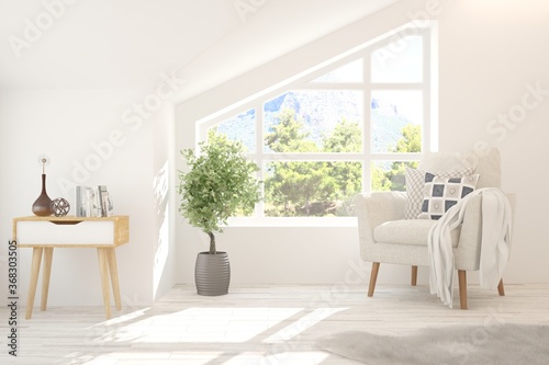 White room with armchair and green landscape in window. Scandinavian interior design. 3D illustration