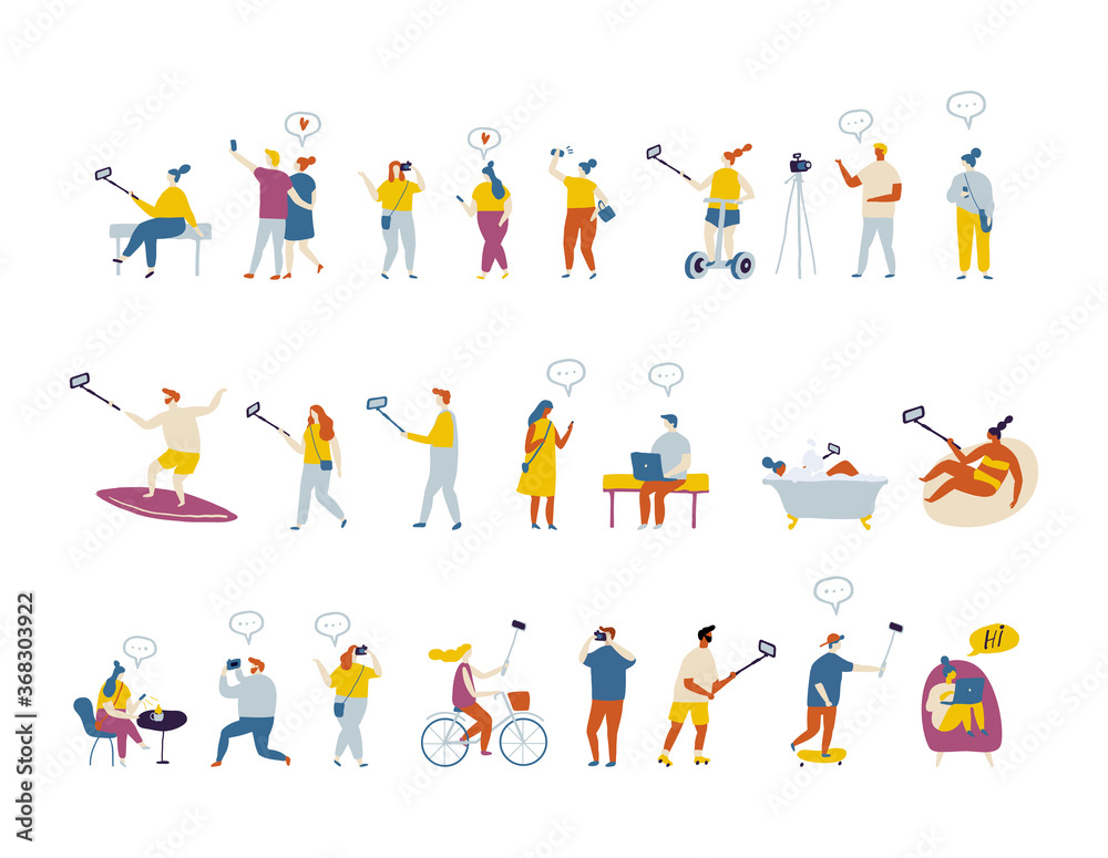 Bundle of flat characters isolated on white background. People bloggers creating content and posting it on social media. Blogging and vlogging set. Flat vector illustration.