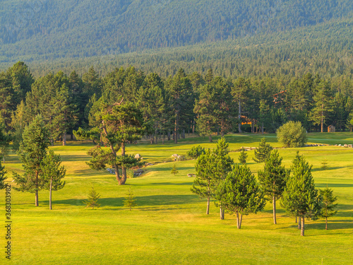 A view of the peaks of Pirin Mountain (Vihren and Todorka) Golf Club, Razlog, Bulgaria