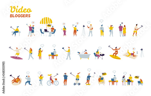 Bundle of flat characters isolated on white background. People bloggers creating content and posting it on social media. Blogging and vlogging set. Flat vector illustration.