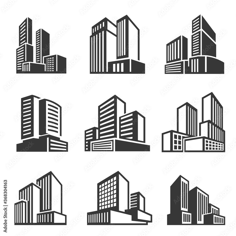 Office buildings, houses line and bold icons set isolated on white. Business district, downtown area.