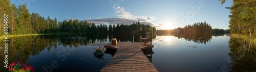 Sun is setting on Finnish lake  panorama 