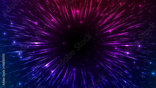 Vector illustration of faster than light (FTL) interstellar or intergalactic travel. Speed of light and hyperspace. Colorful design template for poster, banner, cover, catalog, wallpaper. 