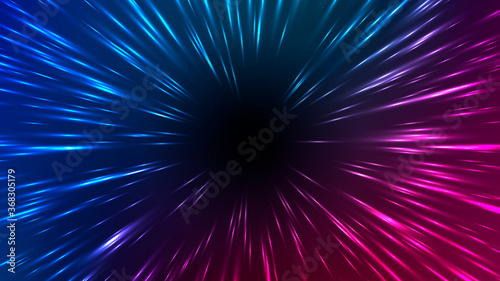 Vector illustration of faster than light (FTL) interstellar or intergalactic travel. Speed of light and hyperspace. Colorful design template for poster, banner, cover, catalog, wallpaper.
 photo