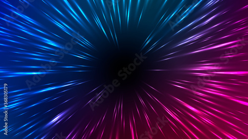 Vector illustration of faster than light (FTL) interstellar or intergalactic travel. Speed of light and hyperspace. Colorful design template for poster, banner, cover, catalog, wallpaper.
