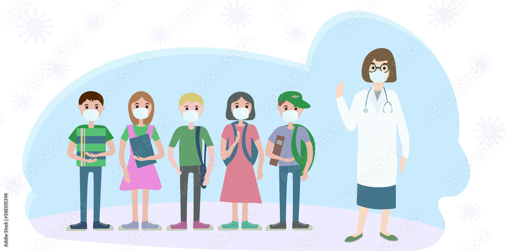 A medical professional, a woman doctor tells teenage children how to protect themselves from infections and viruses during a pandemic. A medical professional, a woman doctor tells teenage children how to protect themselves from infections and viruses during a pandemic.