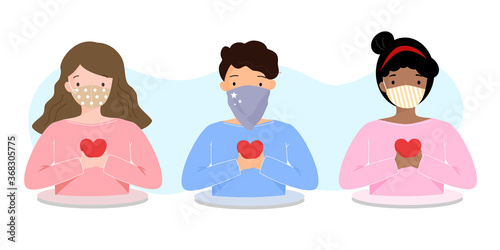 Diverse people wearing cloth face covering or fabric mask to protect and help slow spread of Covid19 holding red heart in Coronavirus pandemic awareness and self care concept. Vector illustration