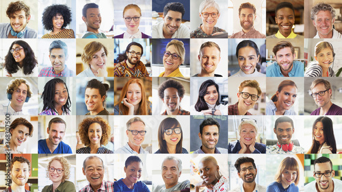 Portrait smiling diverse community video conferencing on screen