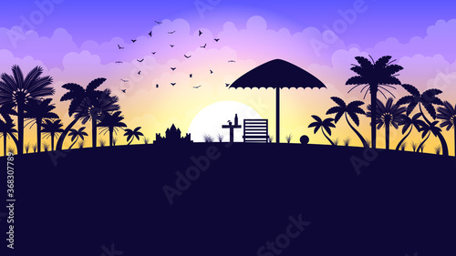 Abstract Ocean Sea Summer Beach Background With Palm Trees Sun And Clouds Vector Design Style