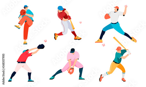 Set of baseball players isolated on white background. Man with bat and glove vector illustration. Athlete design element in flat style