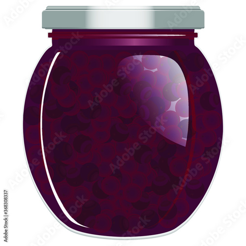 Blackcurrant jam in a jar on a white background. Vector illustration