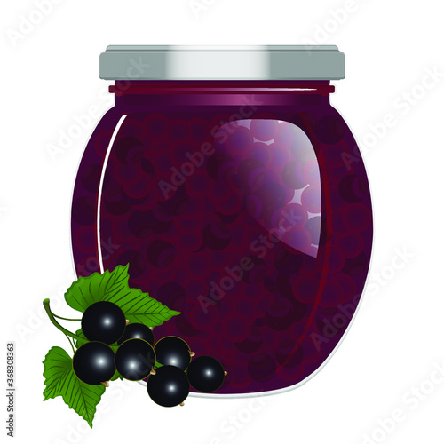 Blackcurrant jam in a jar on a white background. Vector illustration