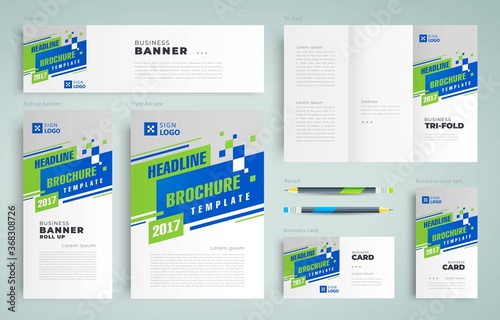 Action Cover Brochure Template Set flyer, tri-fold, banner, roll up banner, business card