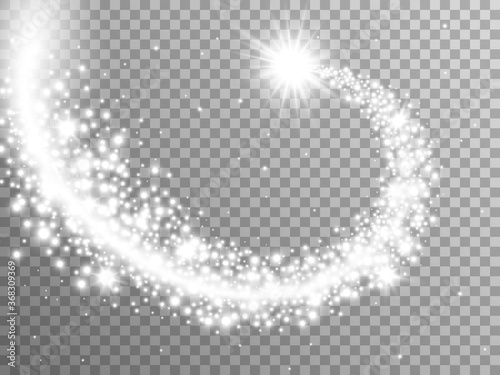 Glittering star on transparent backdrop. Silver swirl trail with bright elements. Christmas particles and stardust for poster, banner. Glowing decoration. Vector illustration