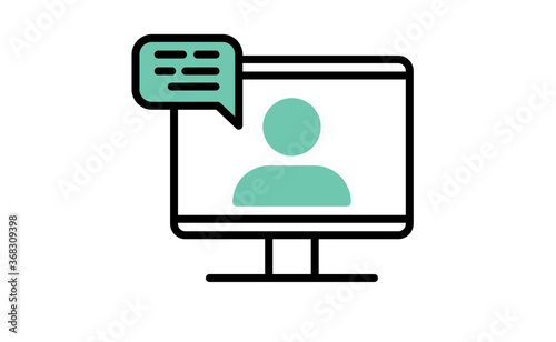 Video conference icon. People on computer screen. Home office in quarantine times. Internet virtual teaching media. Digital communication