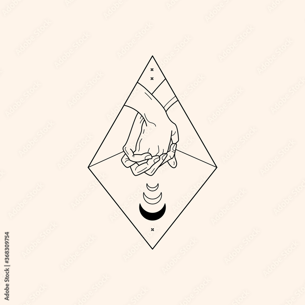 Hands set in simple flat esoteric boho style. Feminine hand logo collection with different symbol like space star planet, floral herb, moon and sun, heart love, eye, fire, drop. Vector illustration. Hands set in simple flat esoteric boho style. Feminine hand logo collection with different symbol like space star planet, floral herb, moon and sun, heart love, eye, fire, drop. Vector illustration.